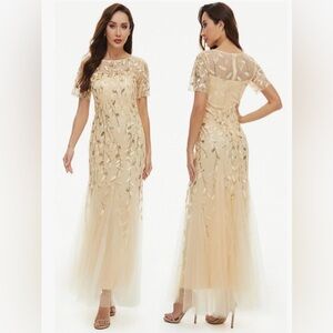 Cocktail Elegant Illusion Short Sleeve Crew Neck Sequin Embroidery Tulle dress